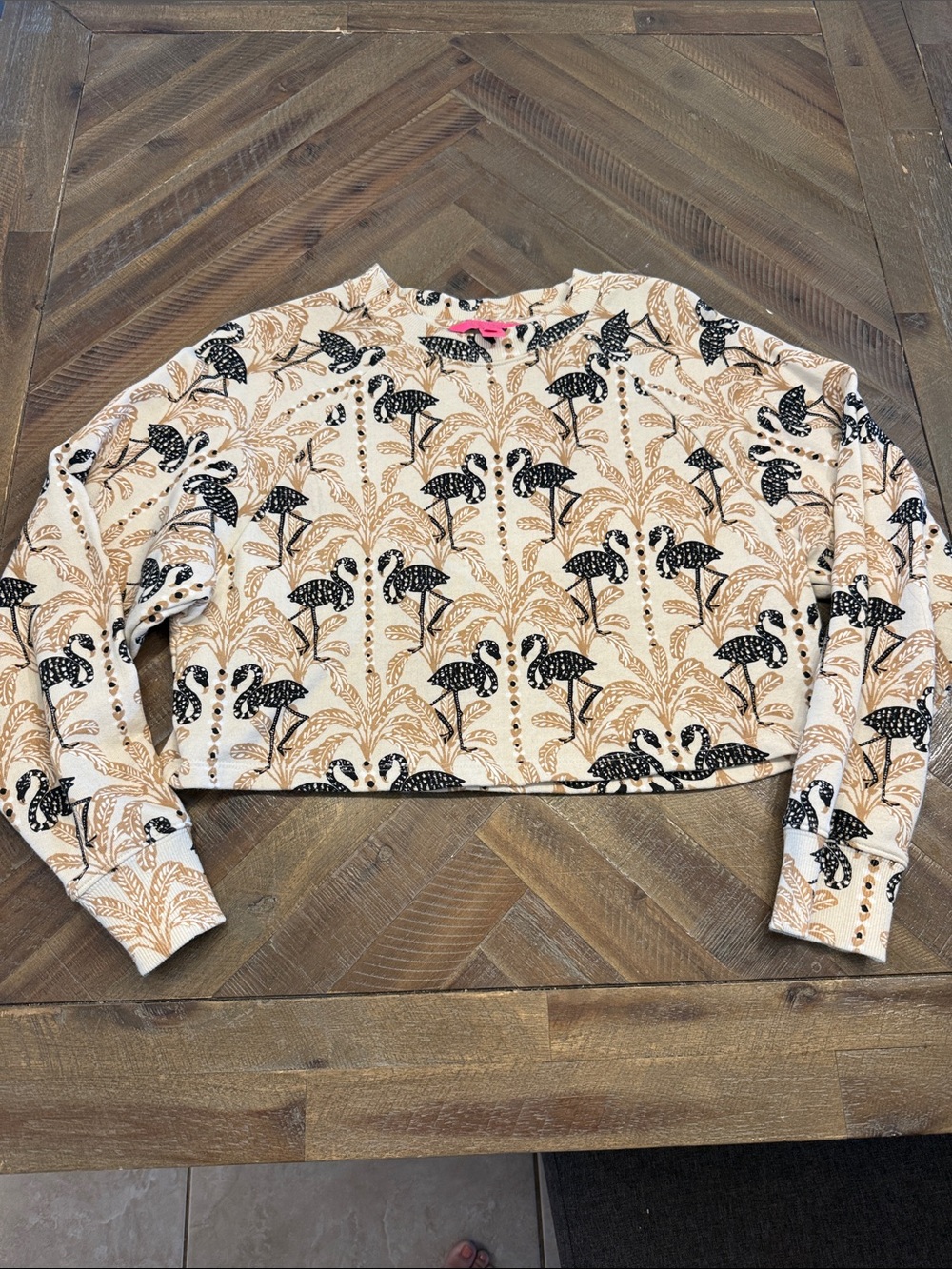 Lilly Pulitzer Cropped Flamingo Print Long-Sleeve Top - Cream & Black